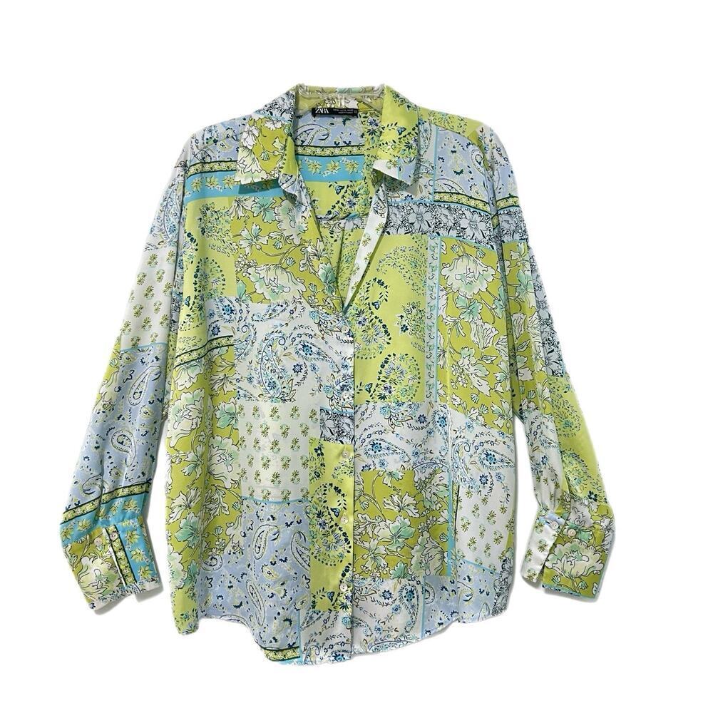 Zara Button Down Blouse Size XL Floral Green Satin Silky Garden Fairy Career